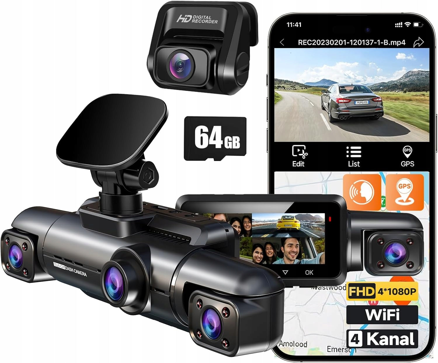 HUPEJOS Car Camera 4-Channel 360° 4x1080P WiFi GPS Mode Parking