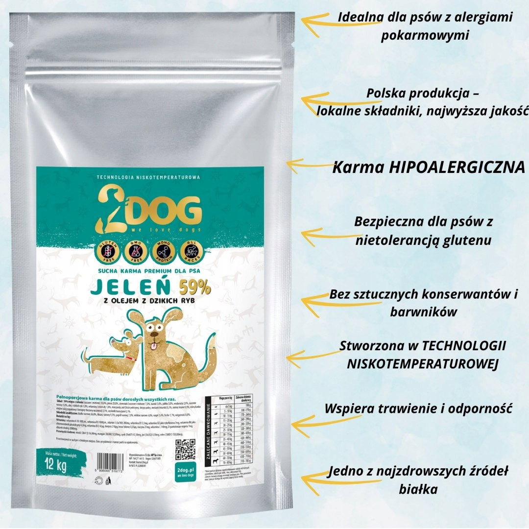 HYPOALLERGENIC WITHOUT GLUTEN - DRY DOG FOOD - DEER 12kg COLD PRESSED Manufacturer code SUCHA KARMA DLA PSA 2Dog JELEŃ