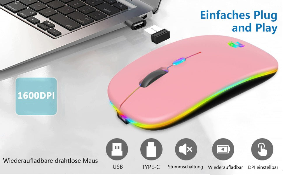 HZD Wireless Mouse USB + BLUETOOTH USB-C QUIET LED RGB PC Macbook pink Model HZD Mysz Bezprzewodowa