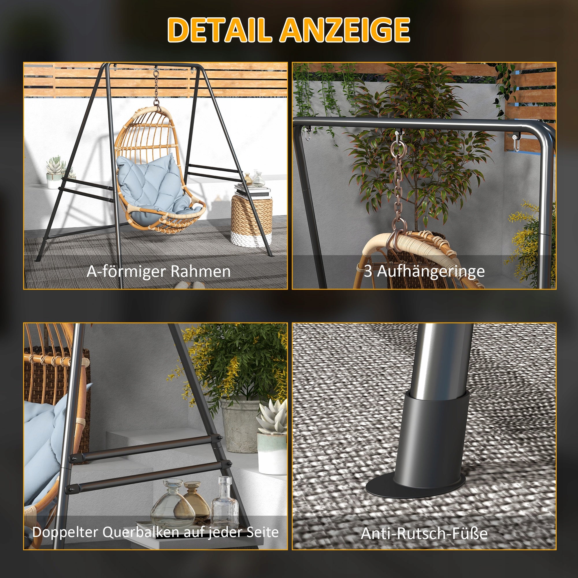 Hängemattengestell for adults with metal frame 150 kg, black Seat width 143 cm
