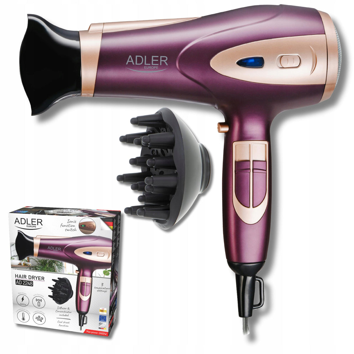 Hair Dryer 2400W WITH IONIZATION Cold Air + Concentrator and Diffuser