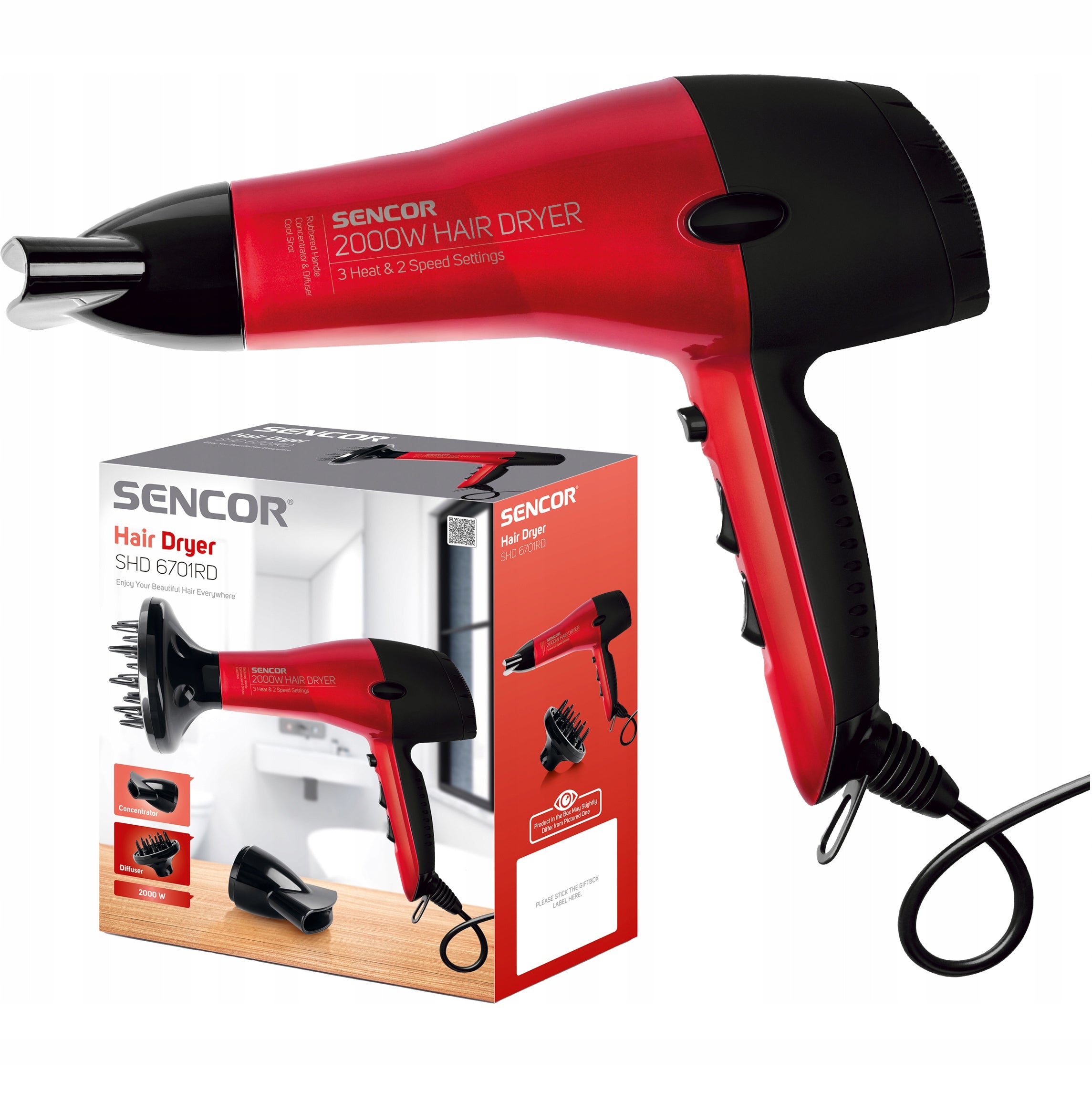 Hair Dryer Red Diffuser SHD 6701RD Strong 2000W EAN (GTIN) 8590669240685
