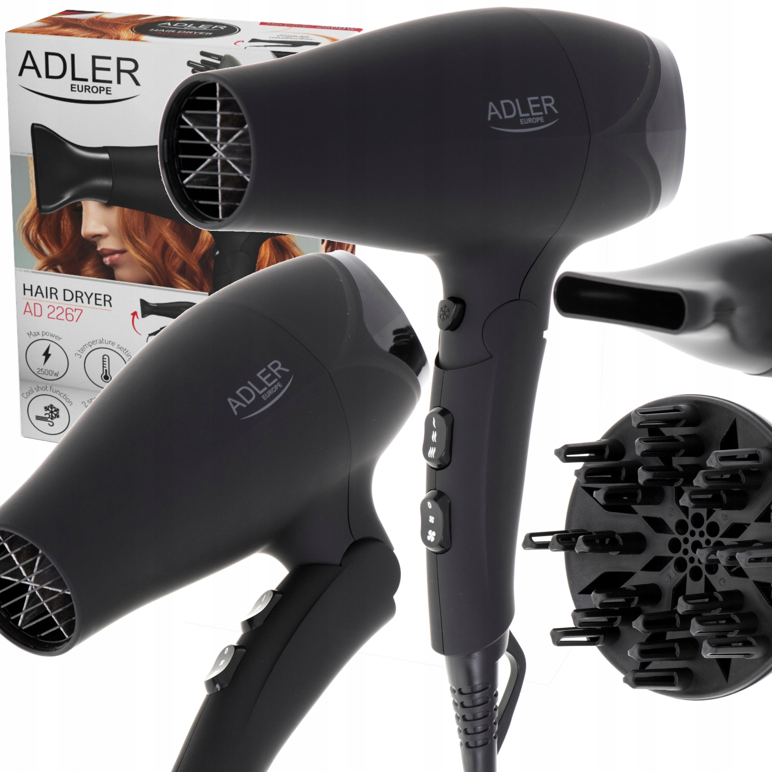 Hair Dryer with Diffuser 2500W Rubberized Housing Folding Handle
