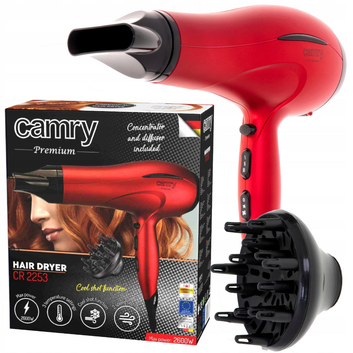 Hair Dryer with Diffuser 2600W Cold Air Concentrator Red