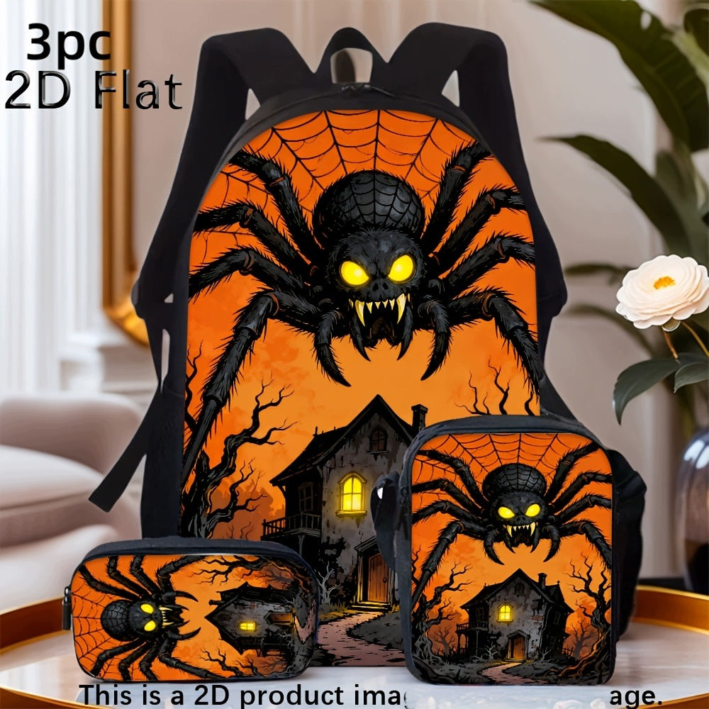 Halloween Giant Spider Haunted House Print 3-Piece Backpack Set