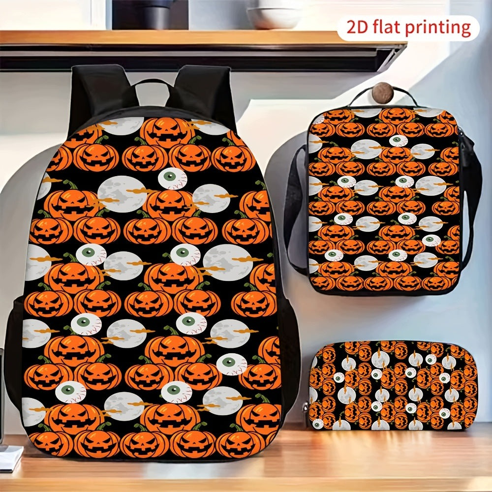 Halloween Pumpkin Moon Pattern 2D Flat 3-Piece Backpack Set