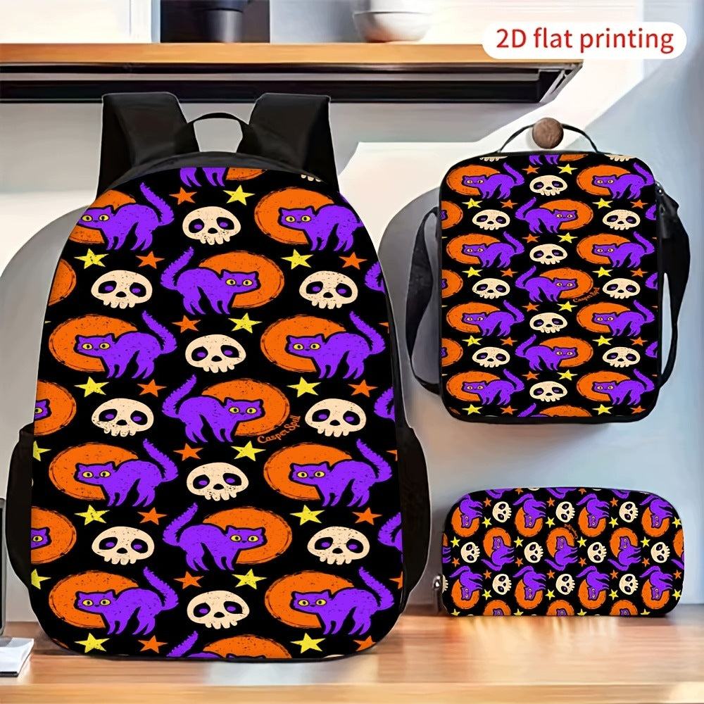 Halloween Purple Cat Skull Star 3pc Backpack Set 2D Flat Printed