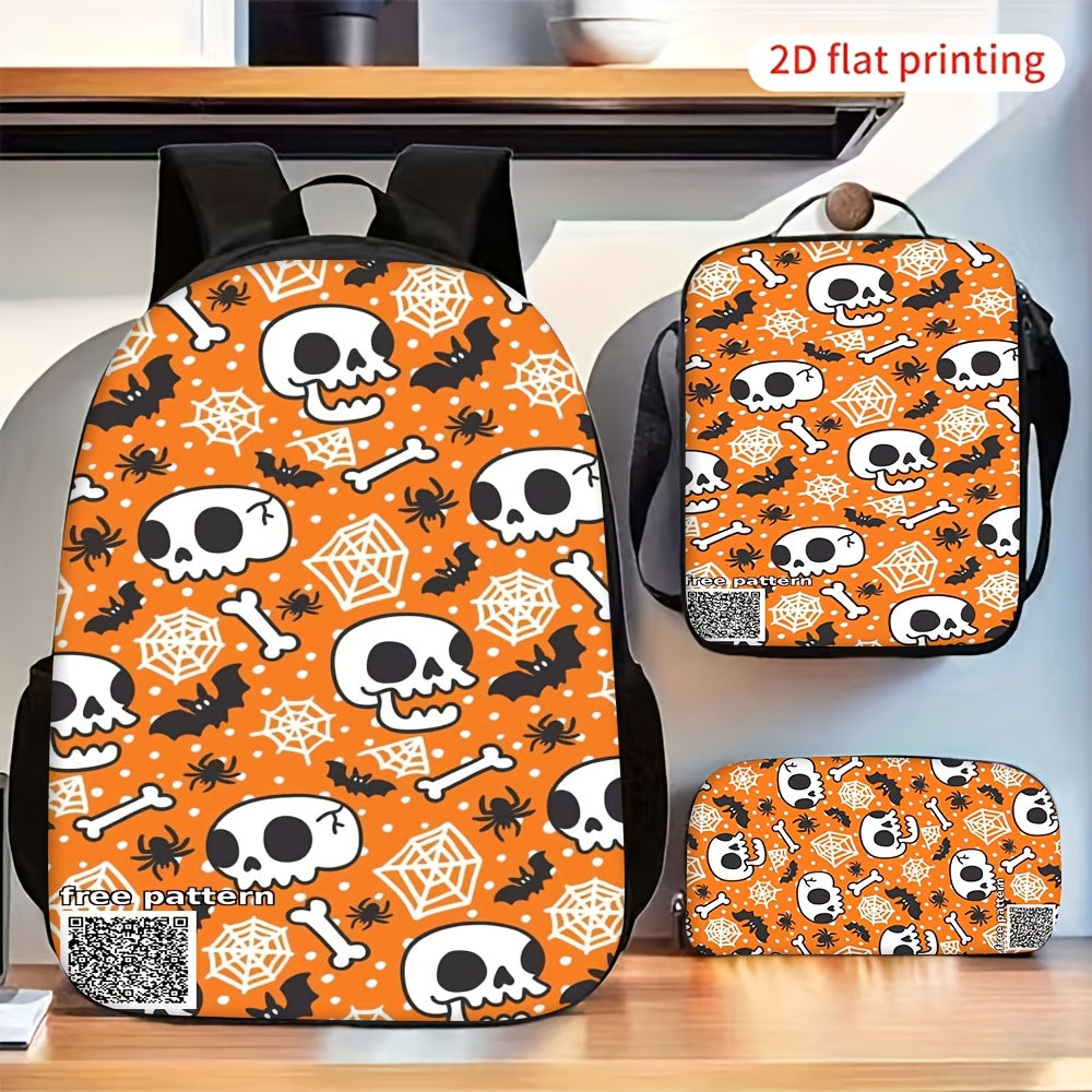 Halloween Skull Bat Spider Web 3-Piece Backpack Set, Crossbody Bag, Pencil Case