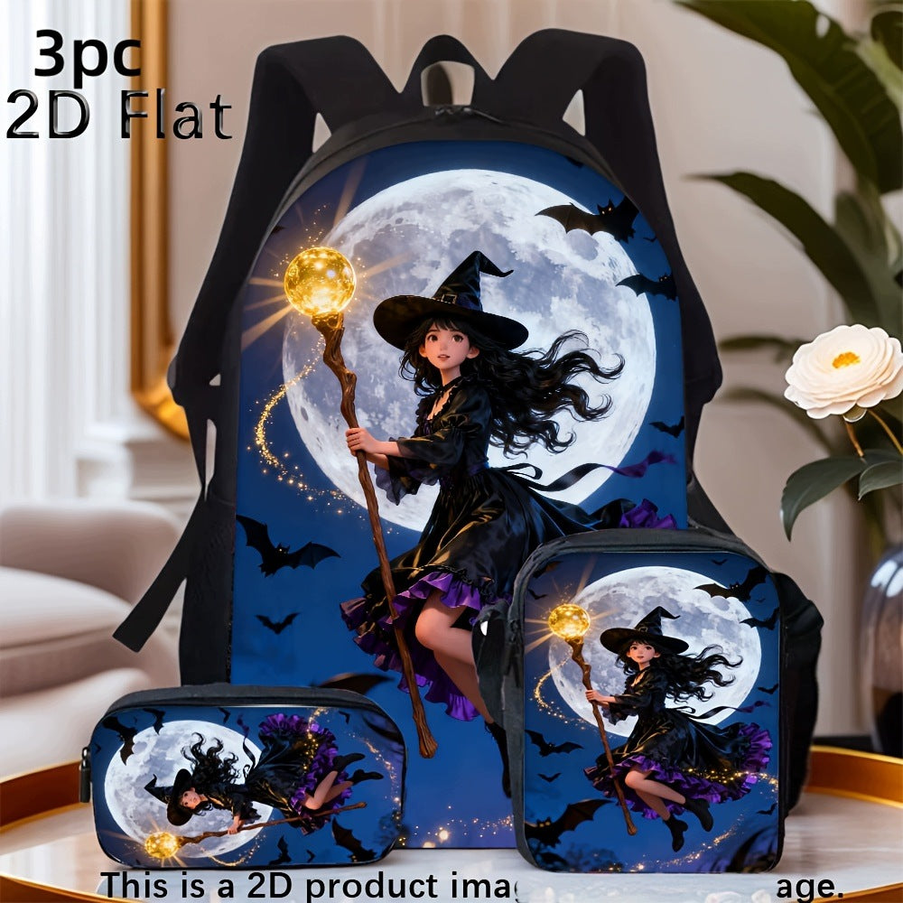 Halloween Witch Full Moon Bat 3-Piece Backpack Set with Pouch Bags