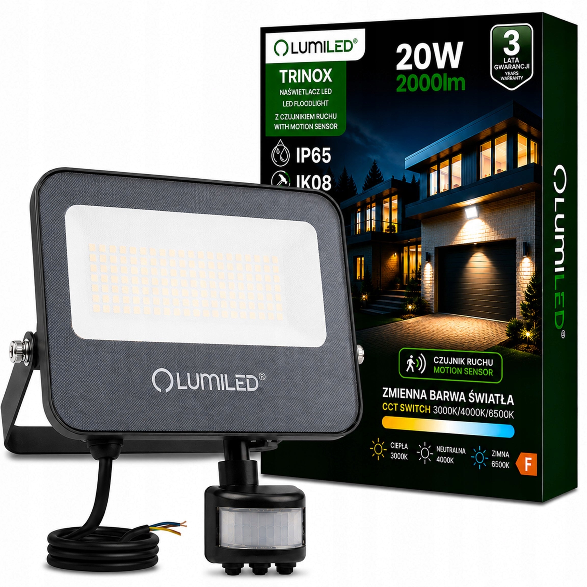 Halogen 20W CCT IP65 LED Floodlight Headlight Lamp with Motion Sensor