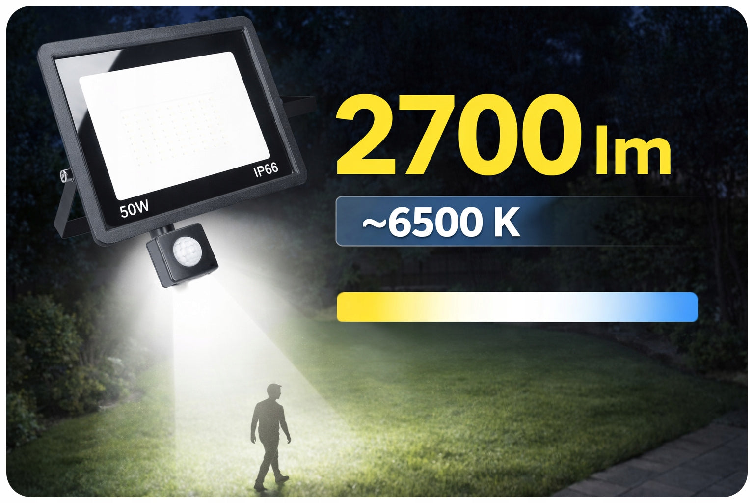 Halogen Floodlight LED Motion Sensor Outdoor Garden Headlight 50W Color black