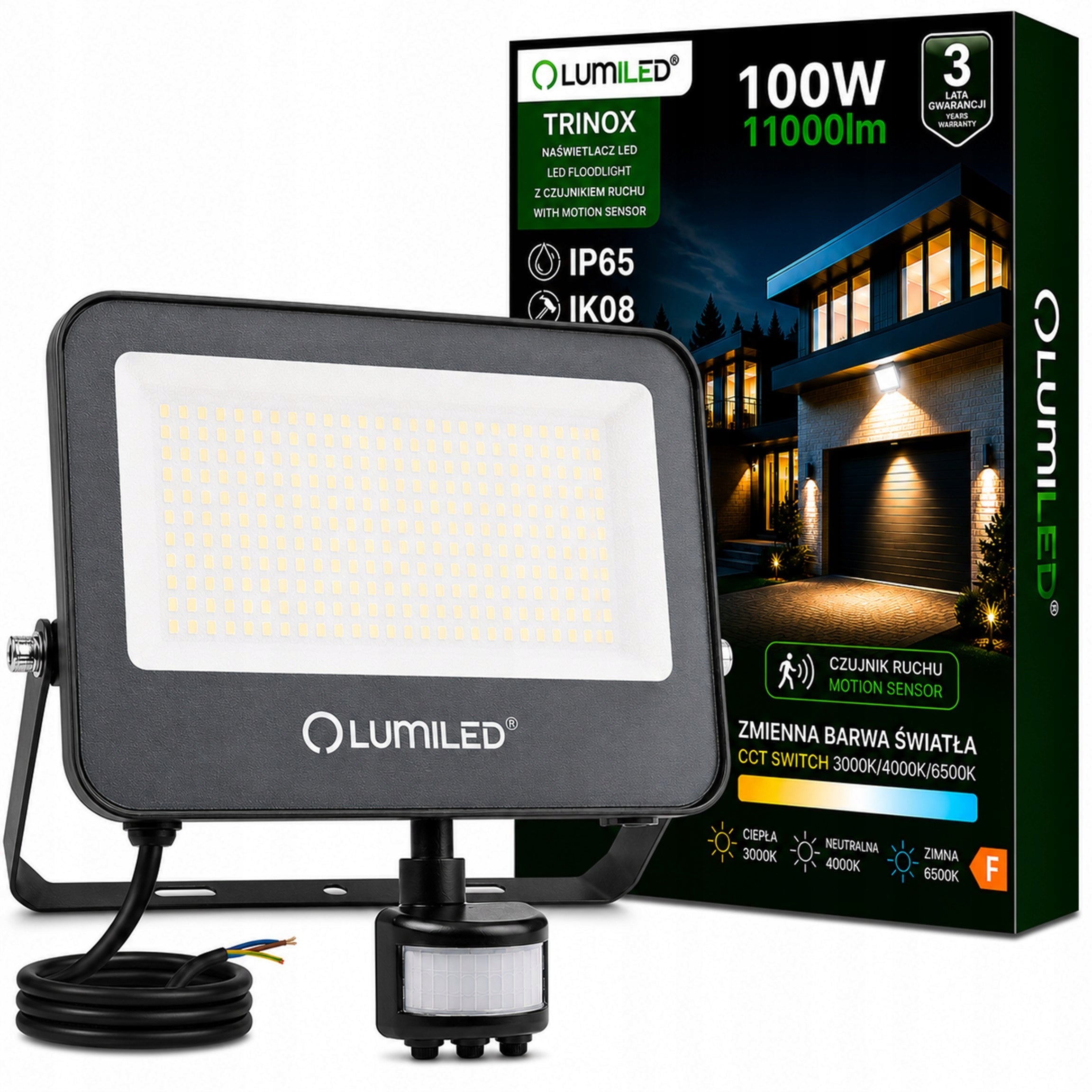 Halogen LED Floodlight 100W CCT IP65 Headlight Lamp With Motion Sensor