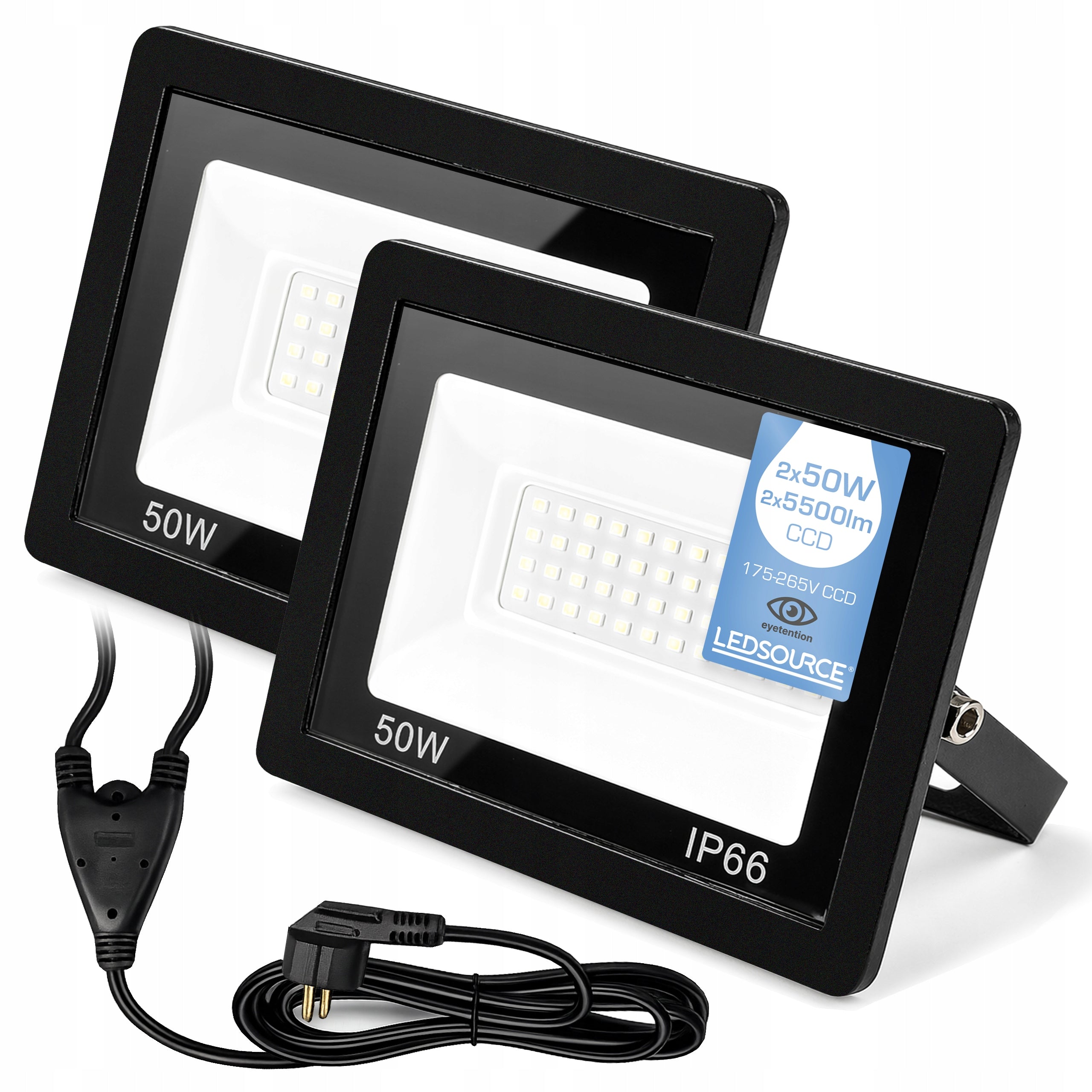 Halogen LED Floodlight 2x 50W = 100W 5500lm Neutral Slim + Plug
