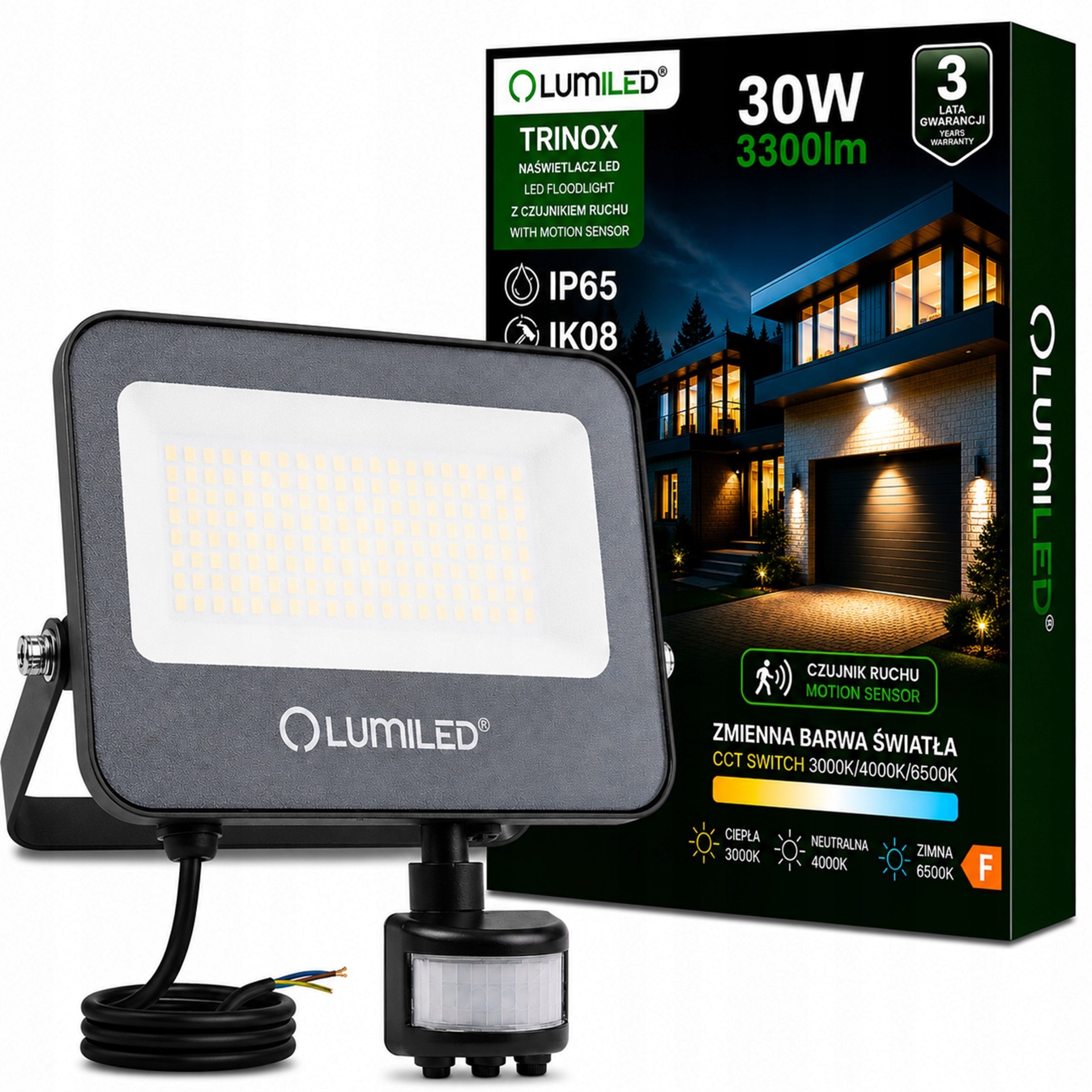 Halogen LED Floodlight 30W IP65 Headlight Lamp with Motion Sensor Powerful