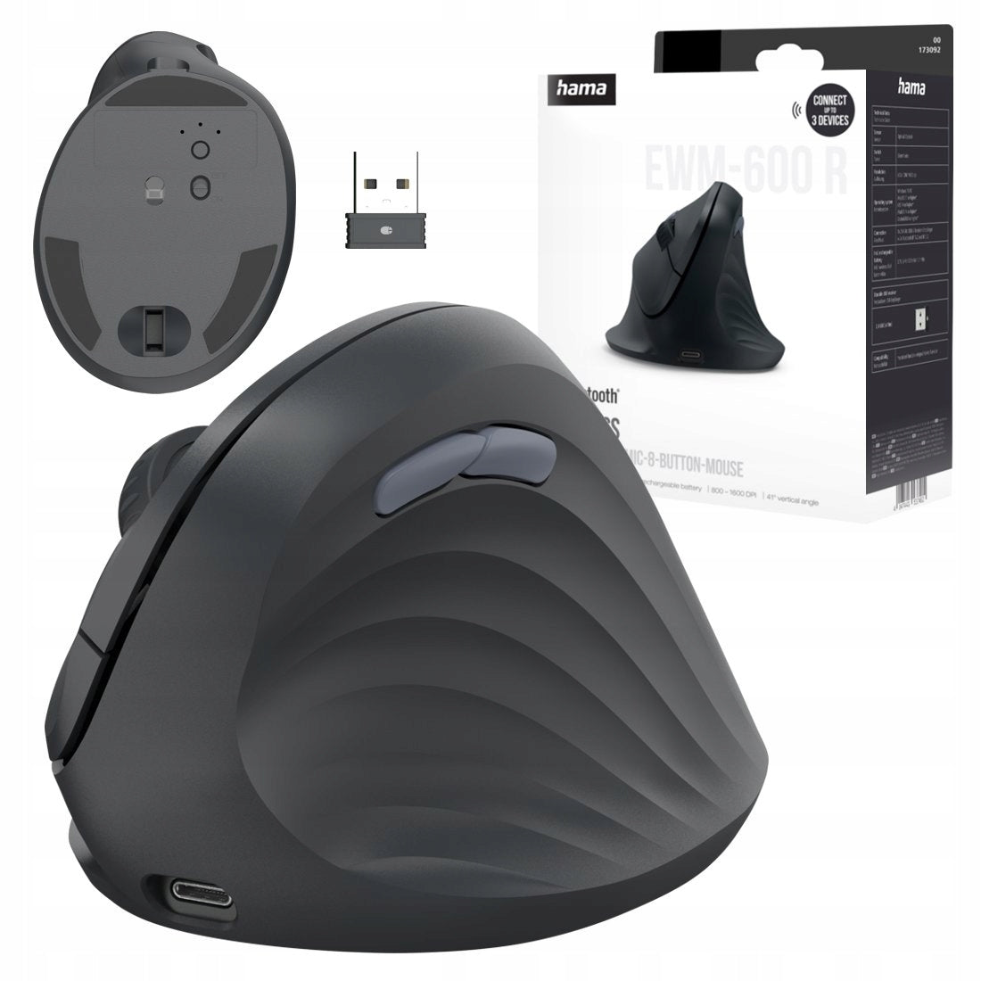 Hama Ergonomic Vertical Wireless Mouse EWM-600 R USB + Bluetooth