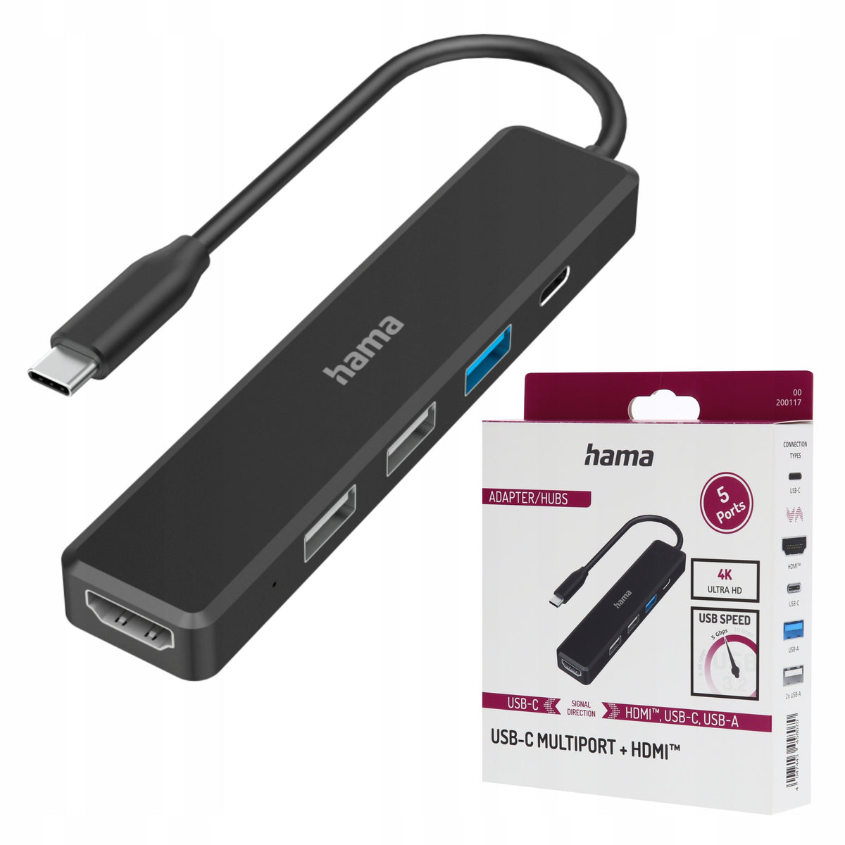 Hama Hub Multiport USB C Splitter, 5 Ports (3x USB A, USB C, HDMI)
