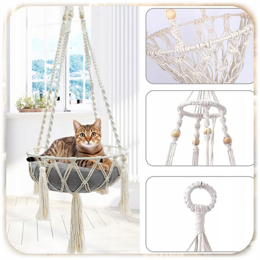 Hammock Cat Bed Hanging Boho Macrame 40x40cm Under Ceiling + Pillow Kind hammock