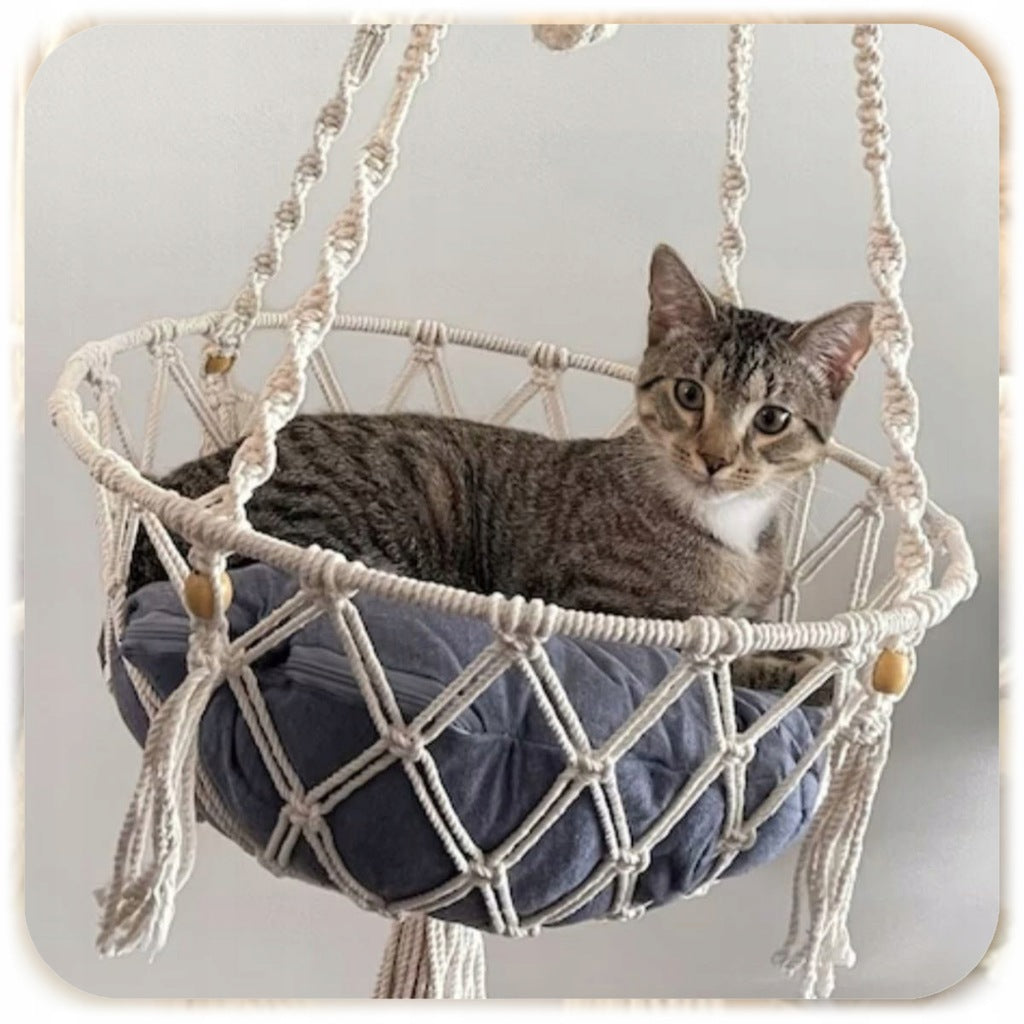 Hammock Cat Bed Hanging Boho Macrame 40x40cm Under Ceiling + Pillow Length 114 cm