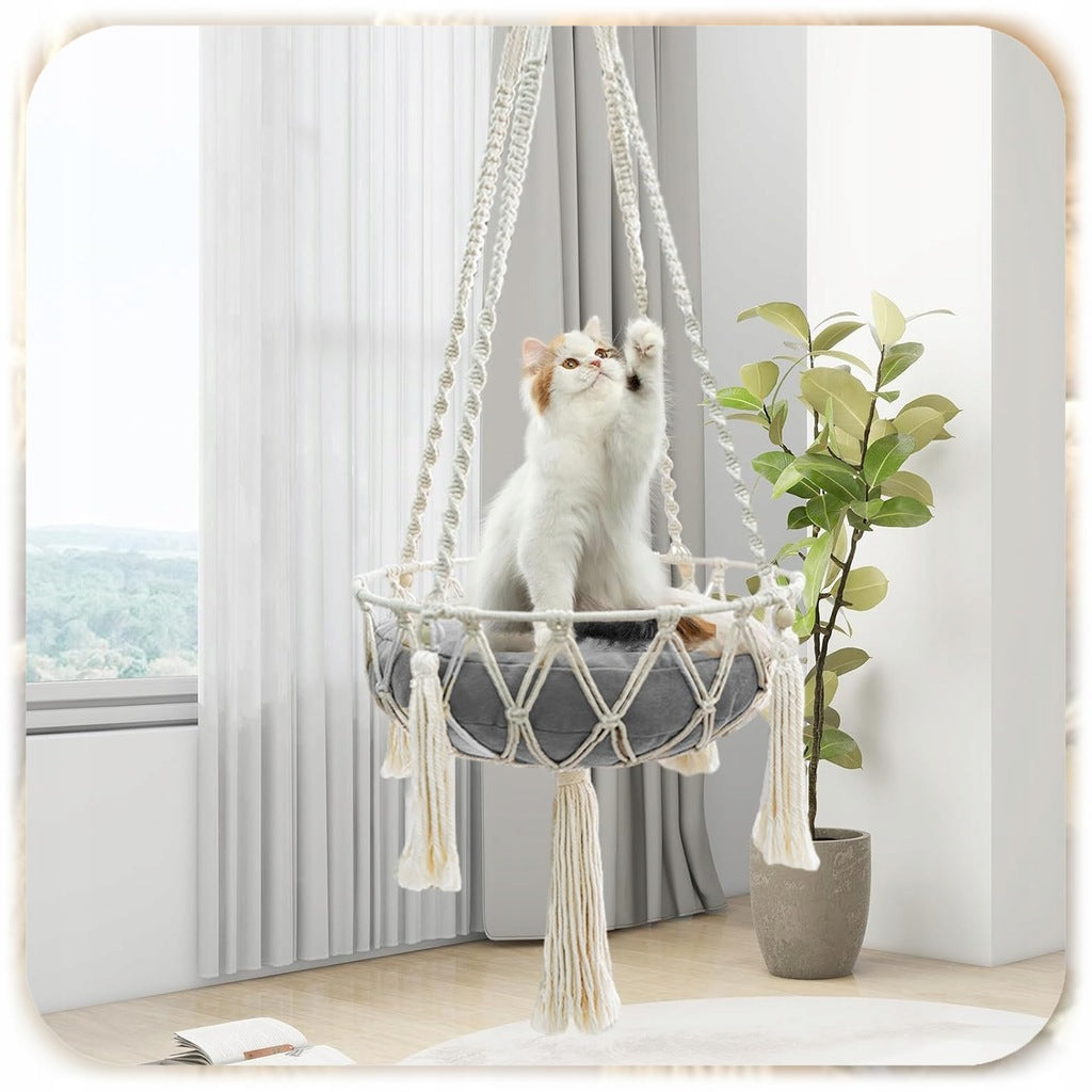 Hammock Cat Bed Hanging Boho Macrame 40x40cm Under Ceiling + Pillow Packaging status original