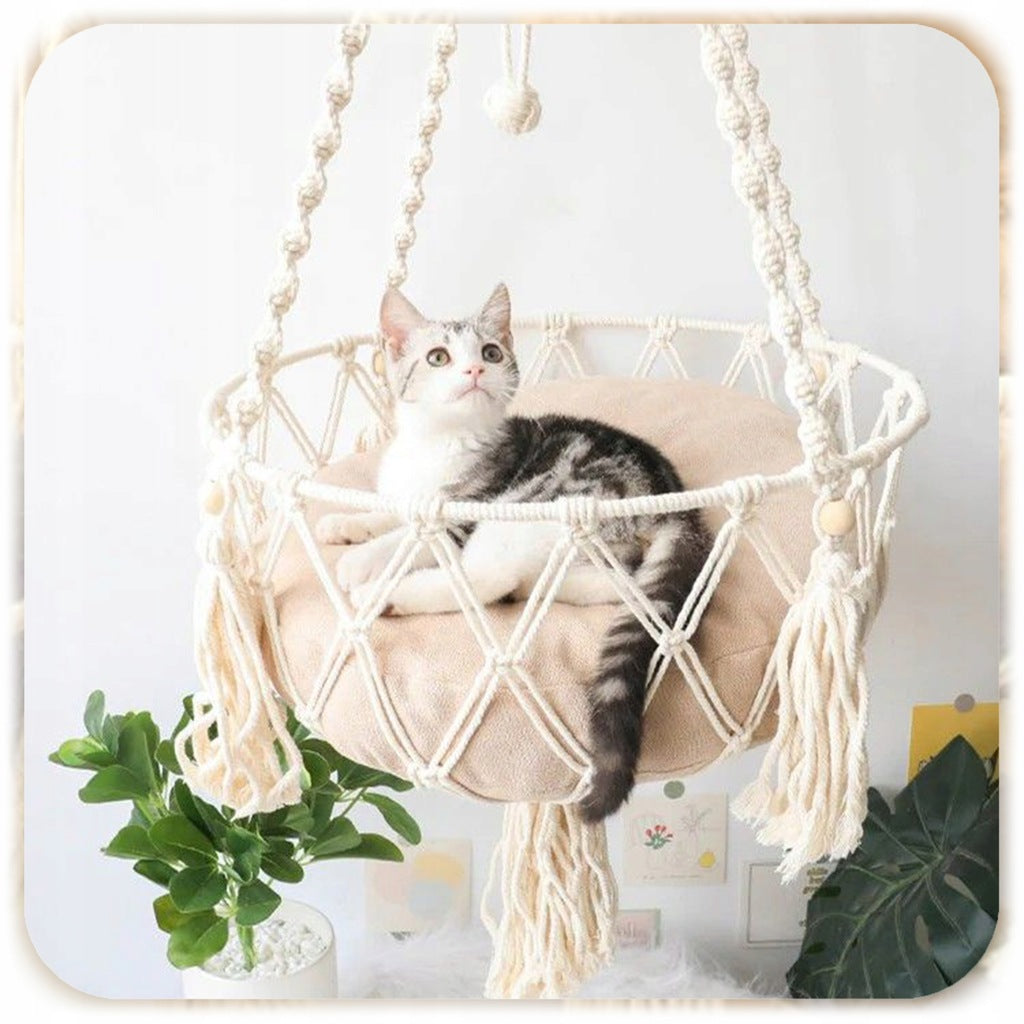 Hammock Cat Bed Hanging Boho Macrame 40x40cm Under Ceiling + Pillow Product width 39 cm