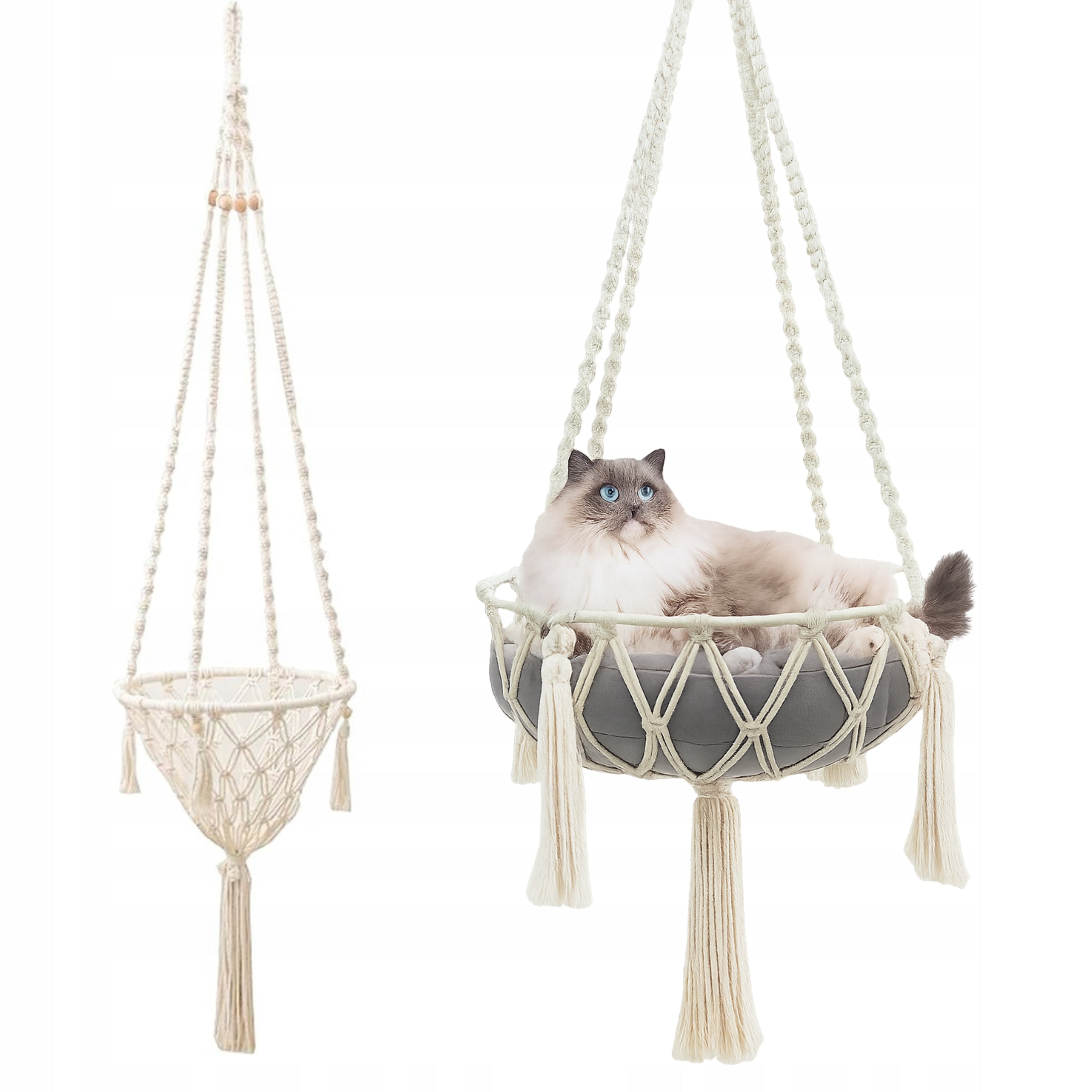 Hammock Cat Bed Hanging Boho Macrame 40x40cm Under Ceiling + Pillow