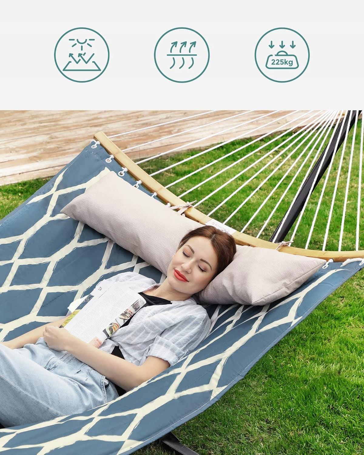 Hammock with bars and quilted pillow 225 kg blue beige 200x140 Manufacturer Songmics
