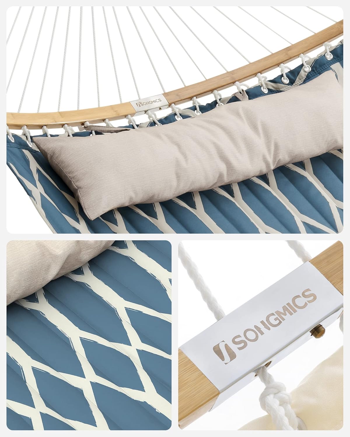 Hammock with bars and quilted pillow 225 kg blue beige 200x140 Material width 140 cm