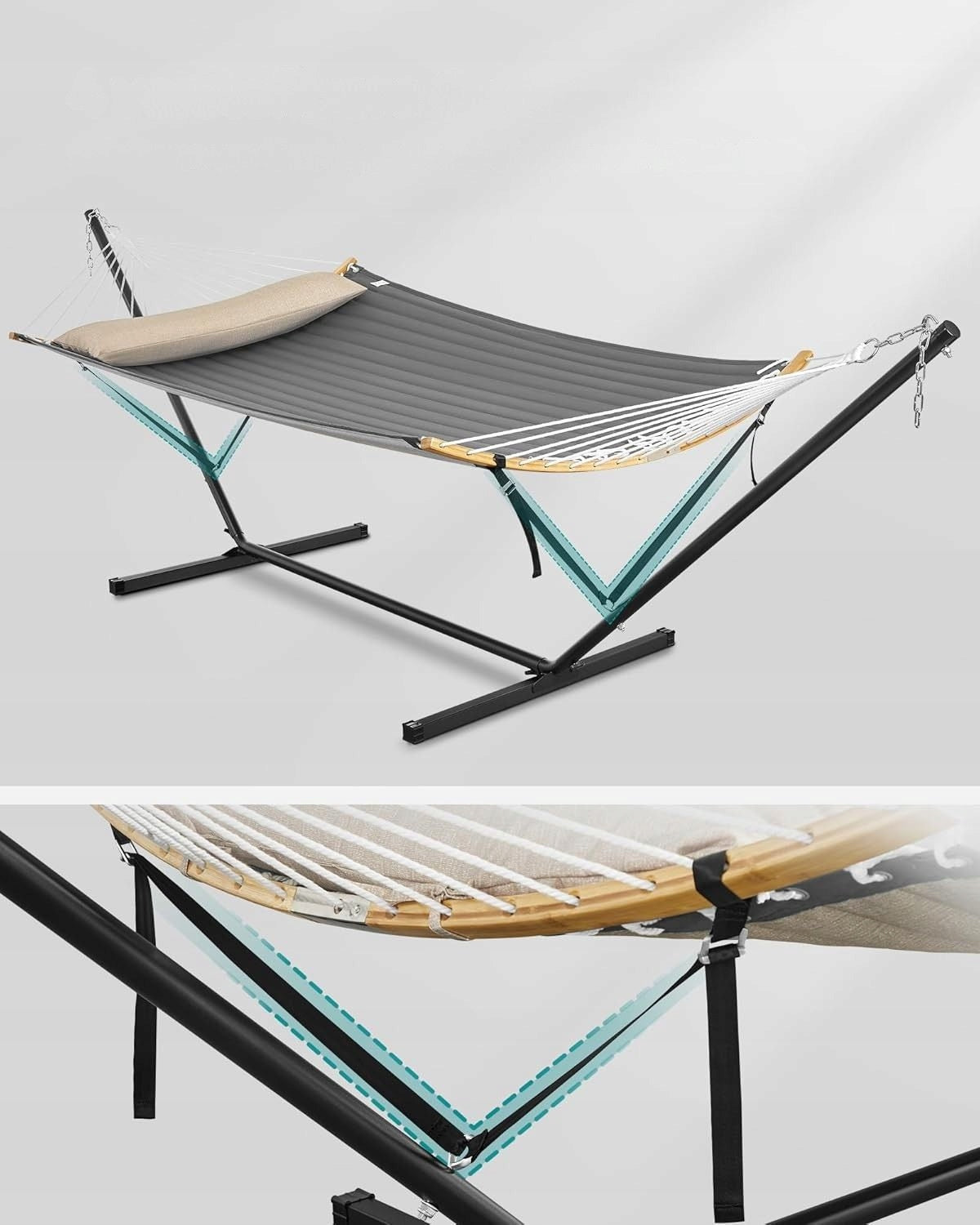 Hammock with frame with bars and quilted pillow 200 kg GREY 200x140 Kind hammock with rod