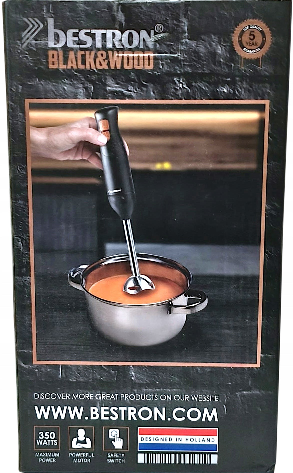 Hand Blender 350W Black & Wood Steel Mixing Tip. Bestron