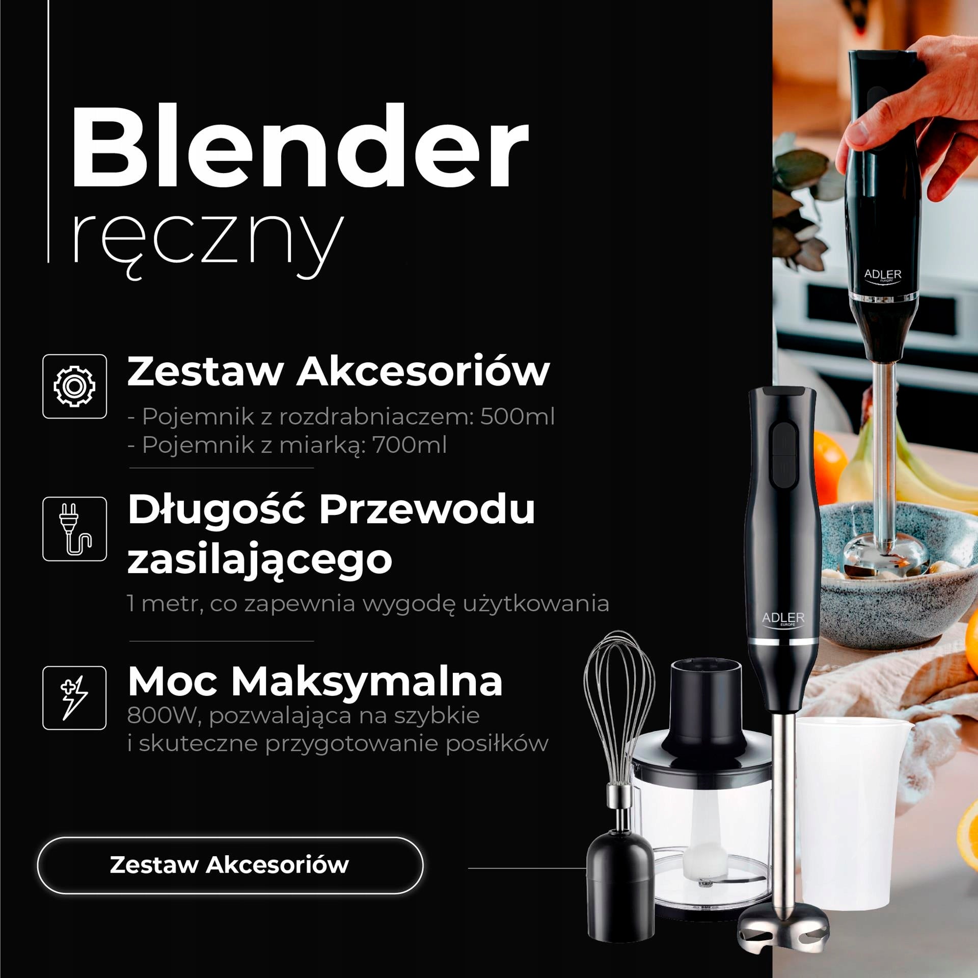 Hand Blender 800W Steel Blades Container 700ml Shredder Scoop ADLER Model 606203207