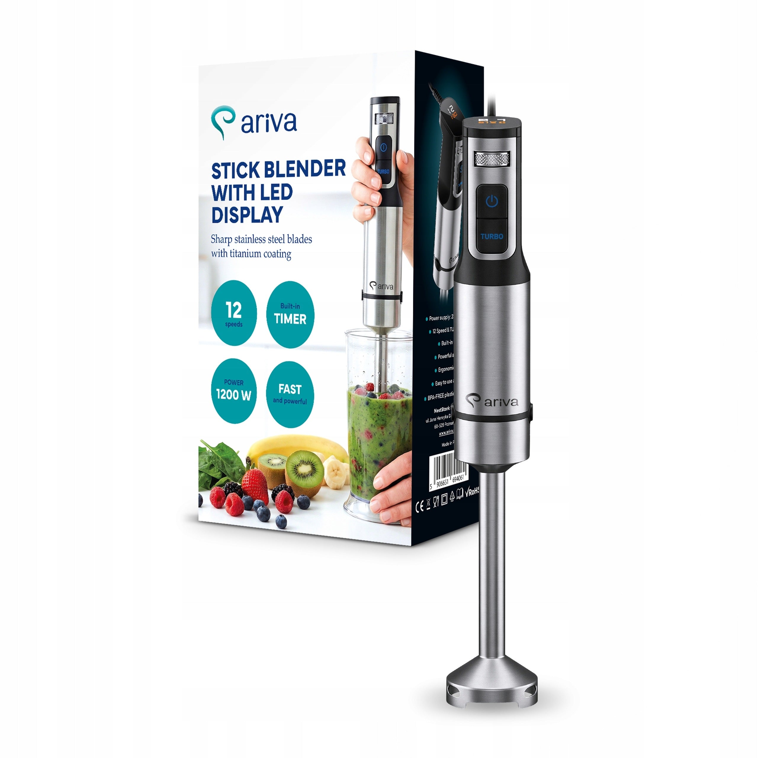 Hand Blender Ariva 1200W Steel Titanium LED Blades 12 Gear TURBO