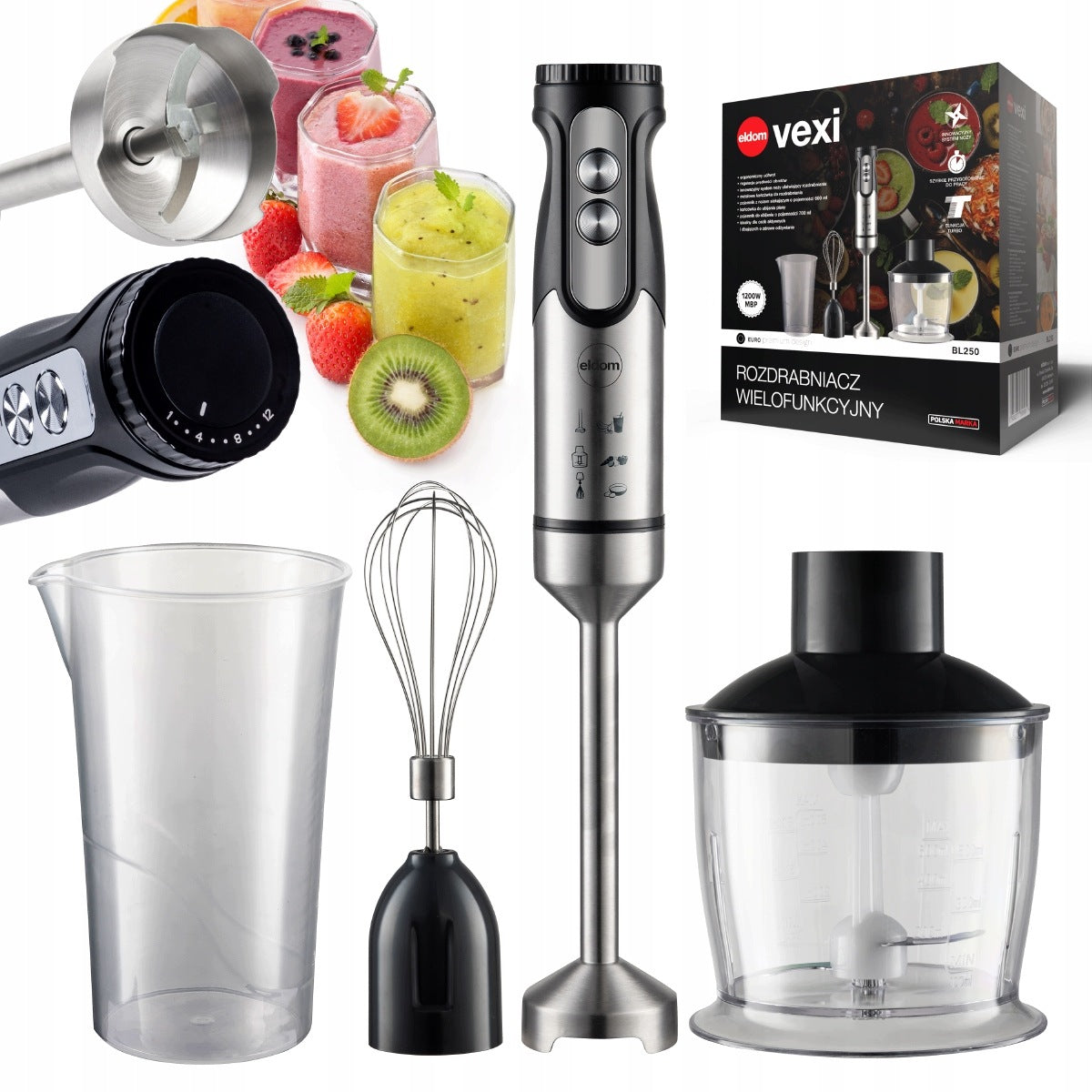 Hand Blender Cup Shredder BL250 Eldom Set Black Strong 800W