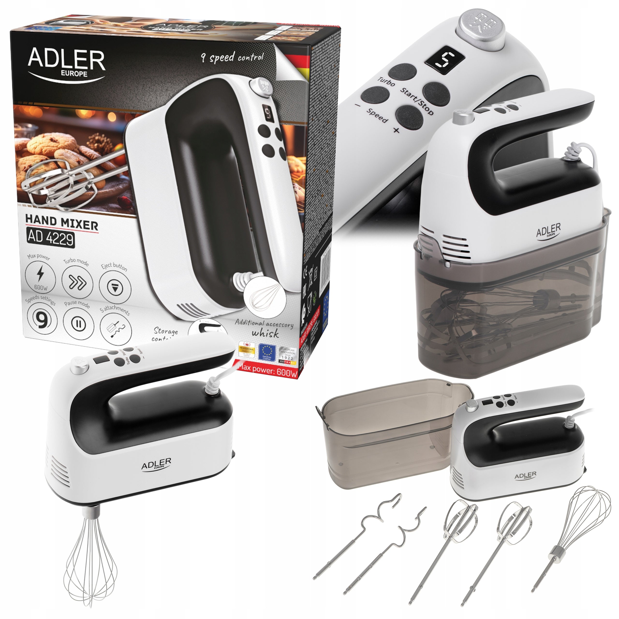 Hand Mixer Food Processor Turbo 9 Gear Beaters Hooks Beater 600W LCD Power rating 600 W