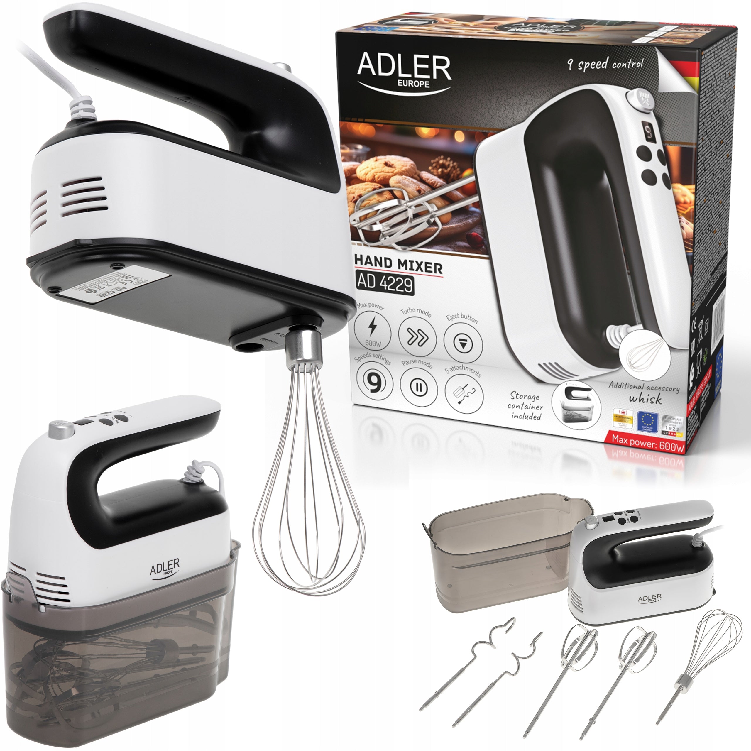 Hand Mixer Food Processor Turbo 9 Gear Beaters Hooks Beater 600W LCD