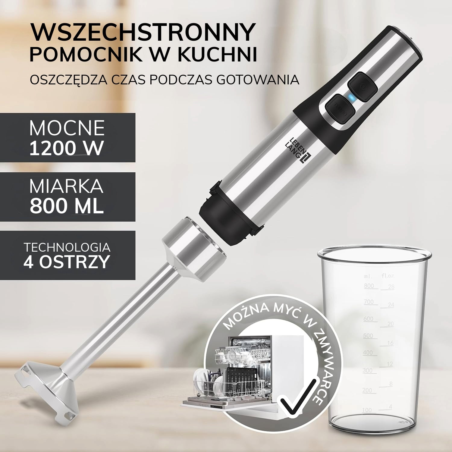 Hand blender LEBENLANG 1200W turbo 15 speed 800ml multifunctional steel EAN (GTIN) 4262406932415