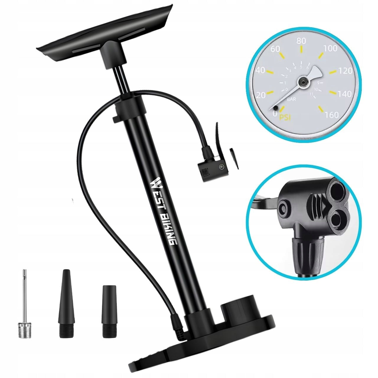 Hand pump with pressure gauge 11B stationary West Biking floor for bicycle
