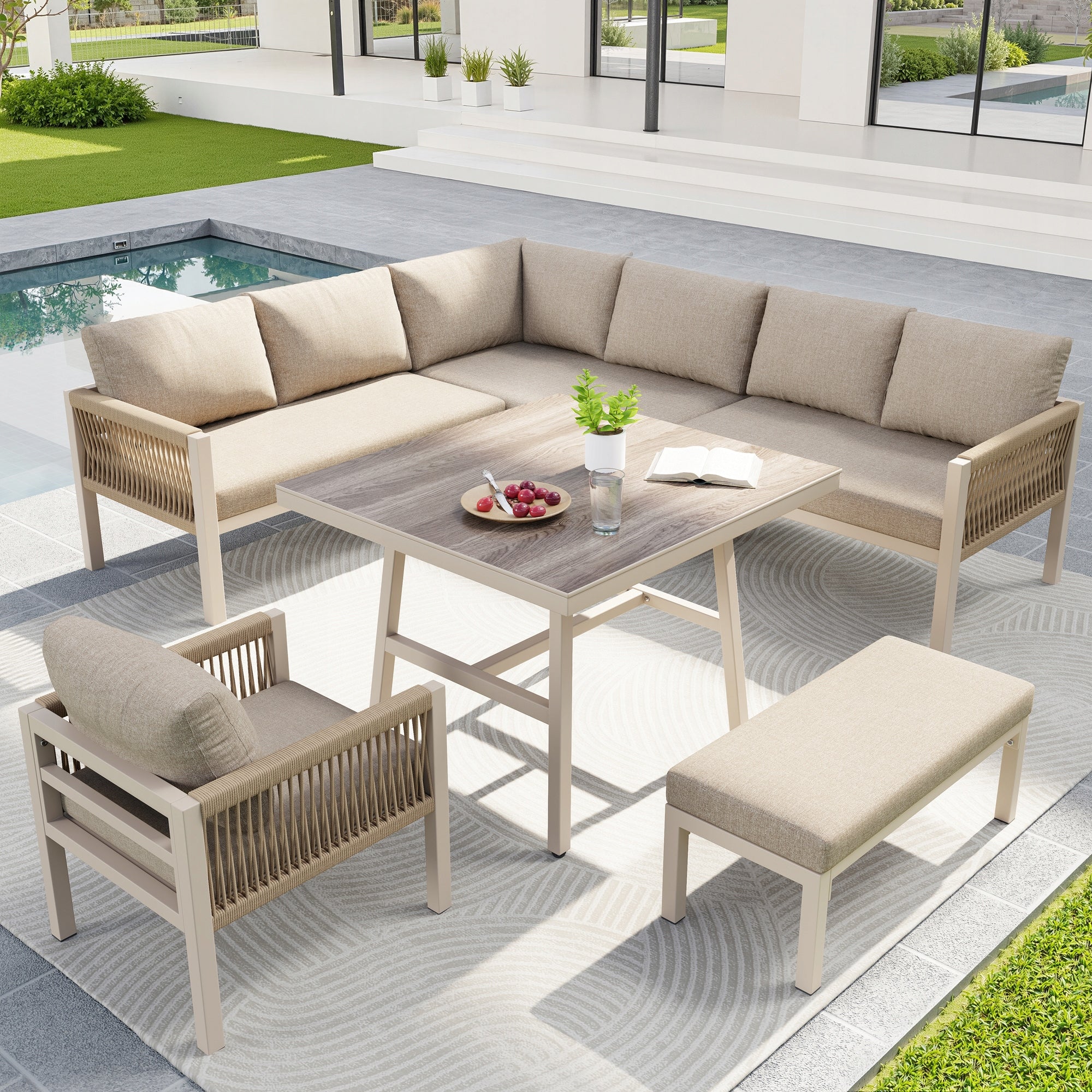 Hand-woven L-shaped garden sofa set, beige cushions, wood-look glass table EAN (GTIN) 5902043252543