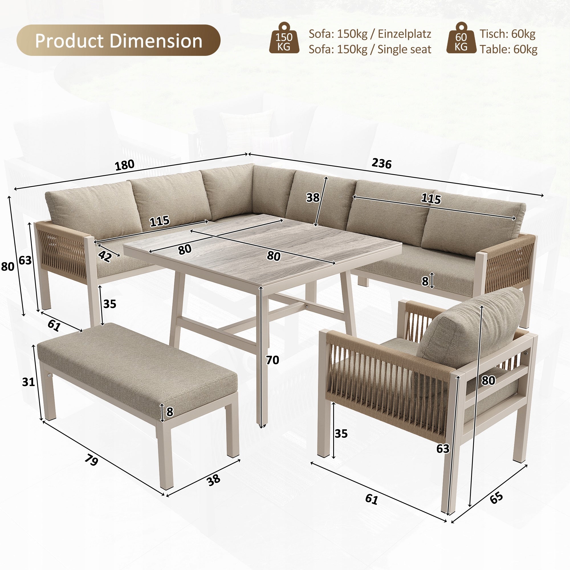 Hand-woven L-shaped garden sofa set, beige cushions, wood-look glass table Manufacturer code 5902043252543