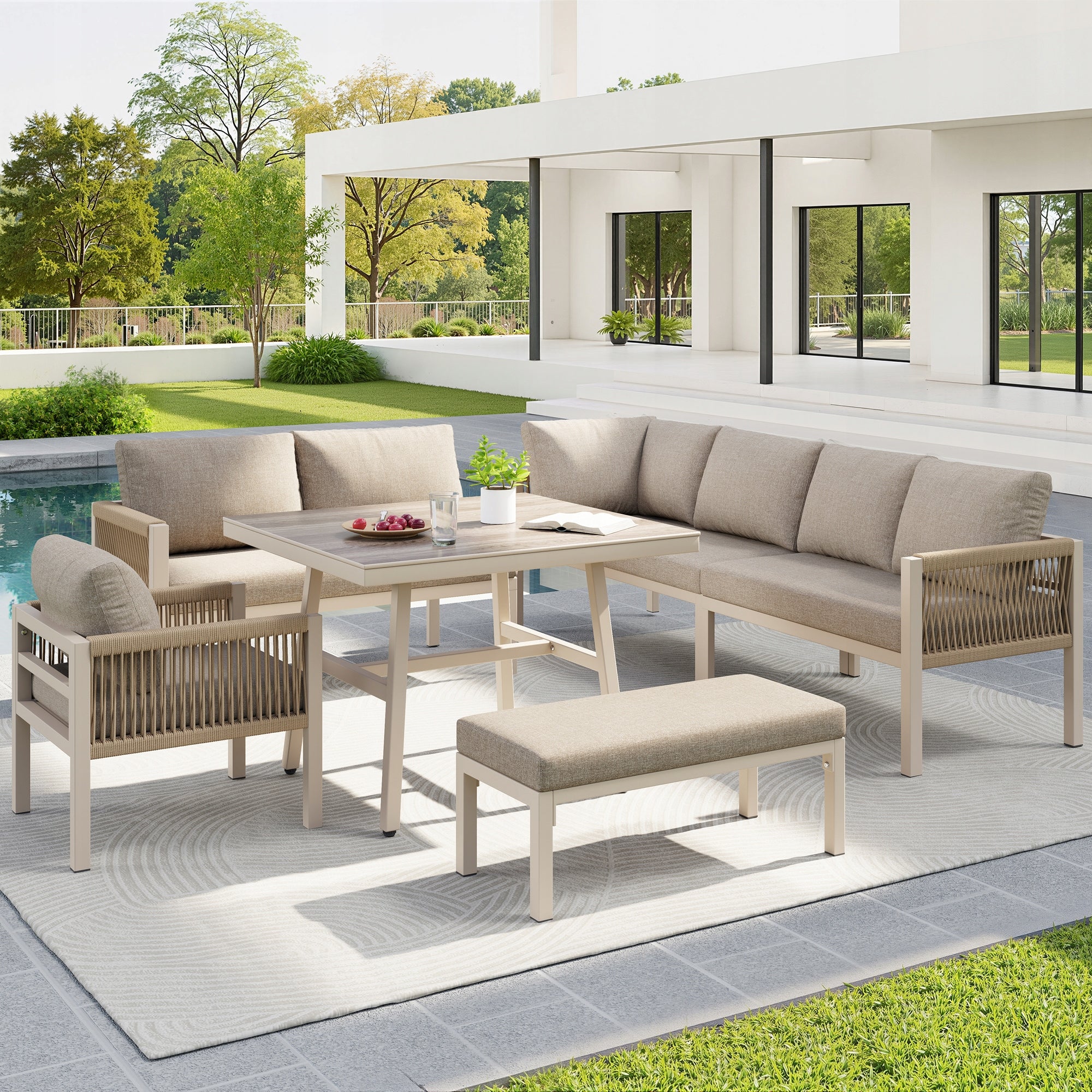 Hand-woven L-shaped garden sofa set, beige cushions, wood-look glass table