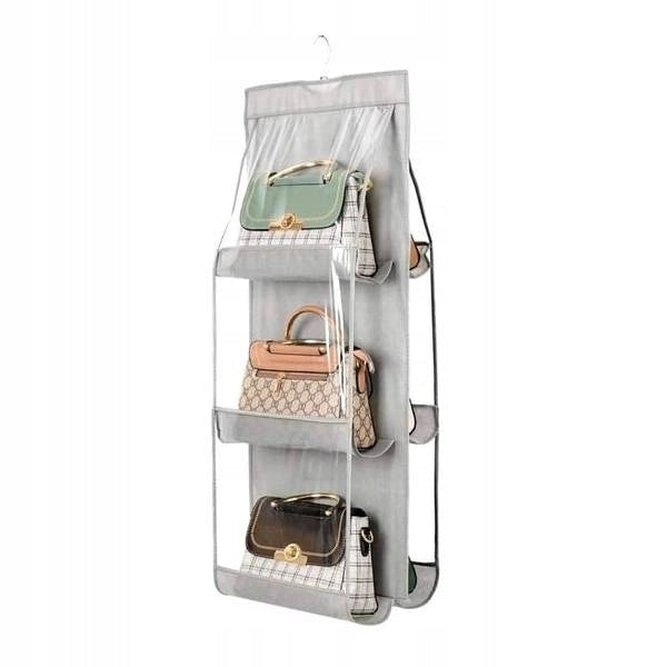 Hanging Organizer for Bag Cabinet 6 Pockets Grey Bar Hanger Color gray