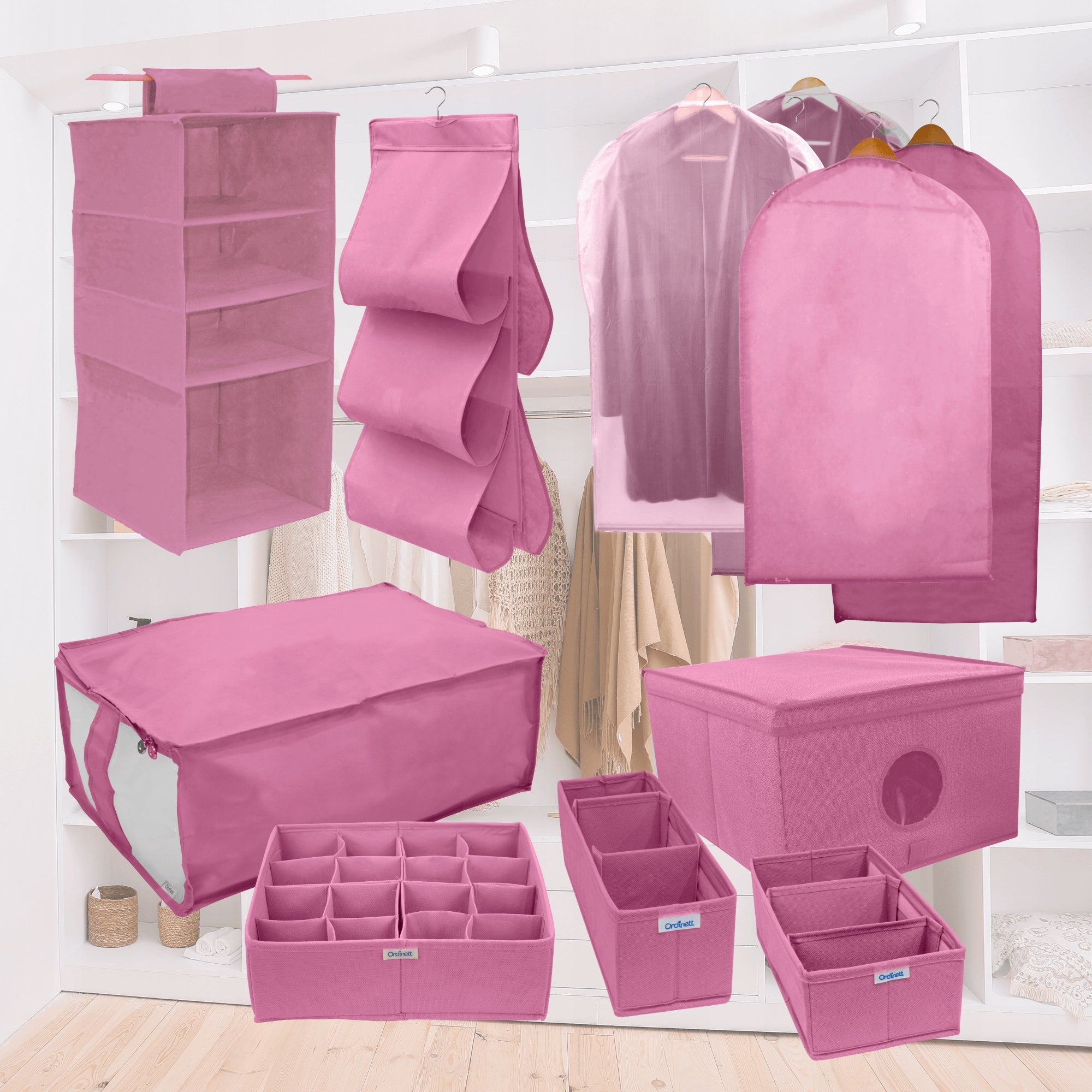 Hanging organizer with 4 compartments, pink, 33x33x82cm for railing, Velcro Length 33 cm