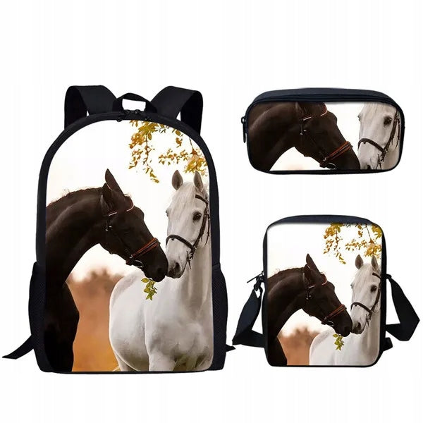 Harajuku Youthful Horse Backpacks bags 3D 3pcs/Set Student bags Laptop