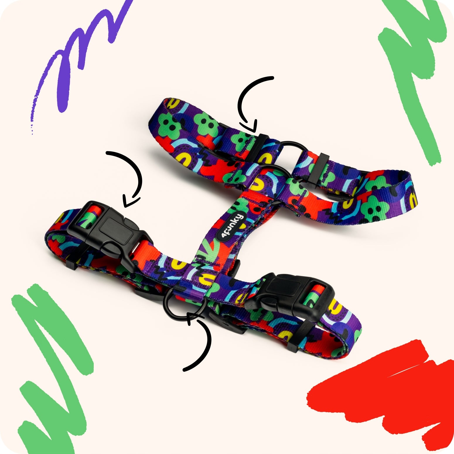 Harness guard for medium dog M |Neon Bloom| comfortable, adjustable colorful Kind walking harness
