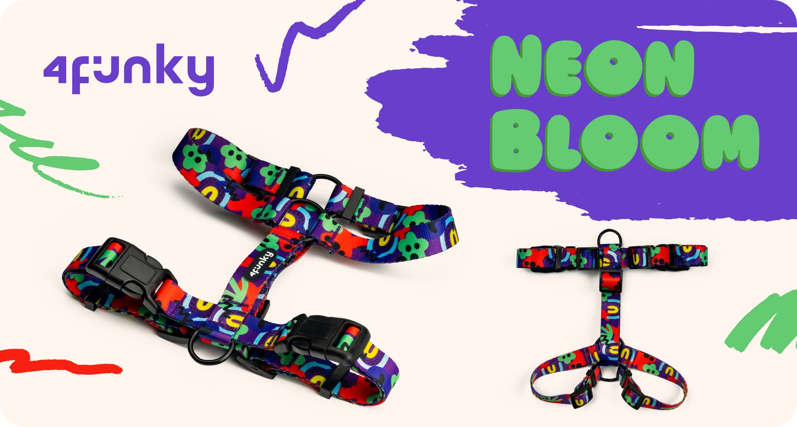 Harness guard for medium dog M |Neon Bloom| comfortable, adjustable colorful Type adjustable