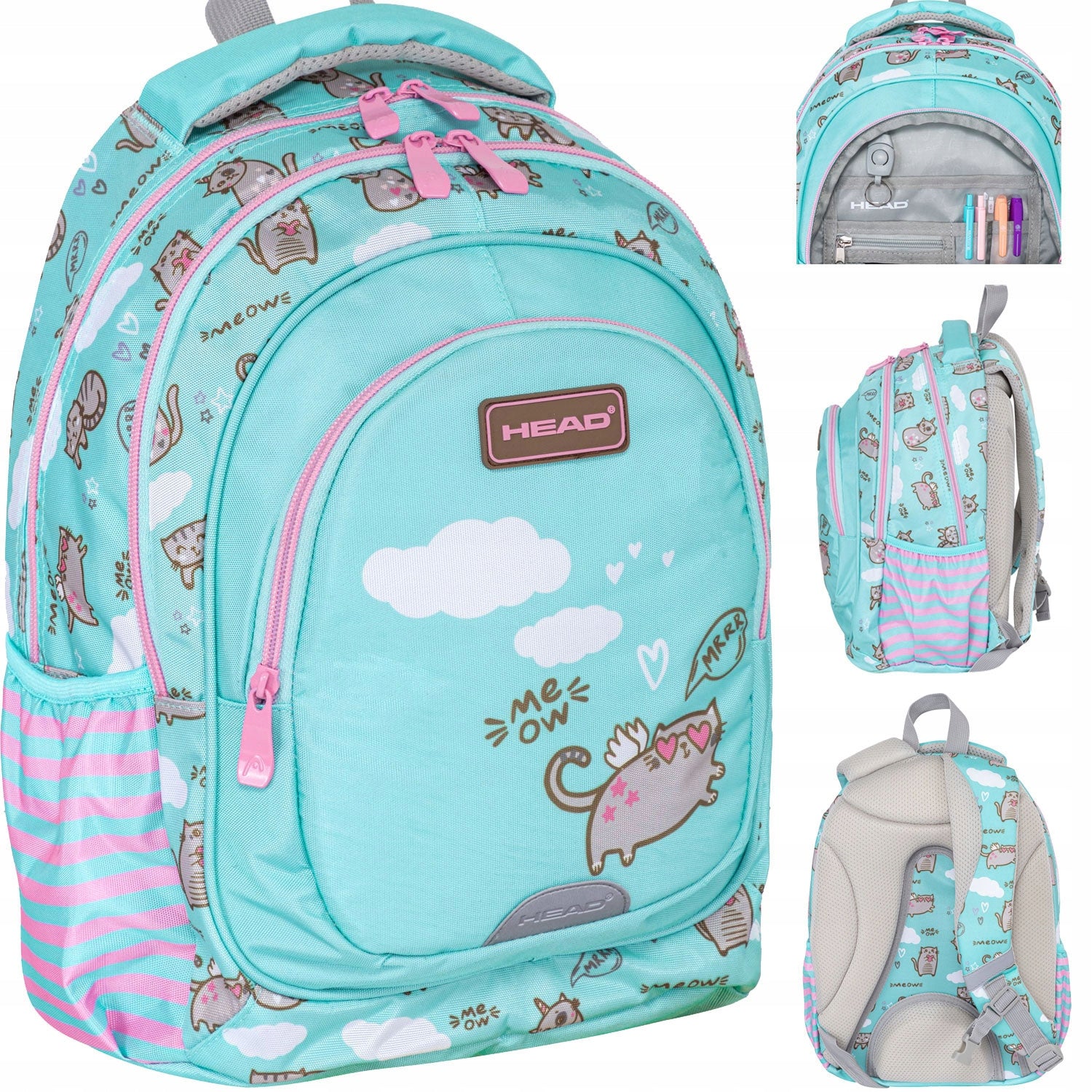 Head School Backpack School Bag For Girls Class 1 3 CAT WITH KITTEN MEOW