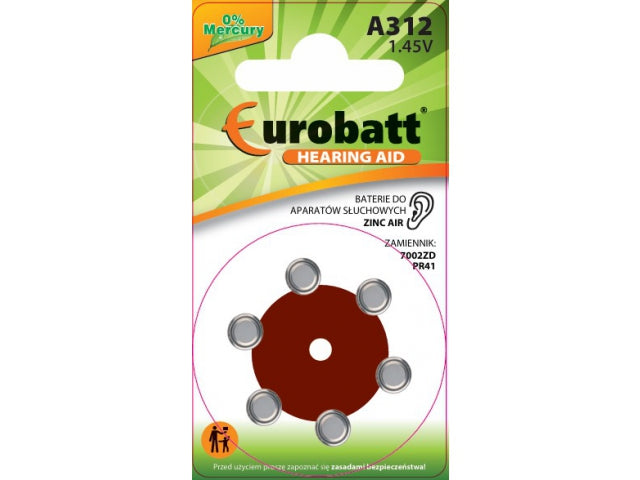 Hearing Aid Batteries A312 - 6pcs 1.45V 7002ZD PR41 (0% Hg)