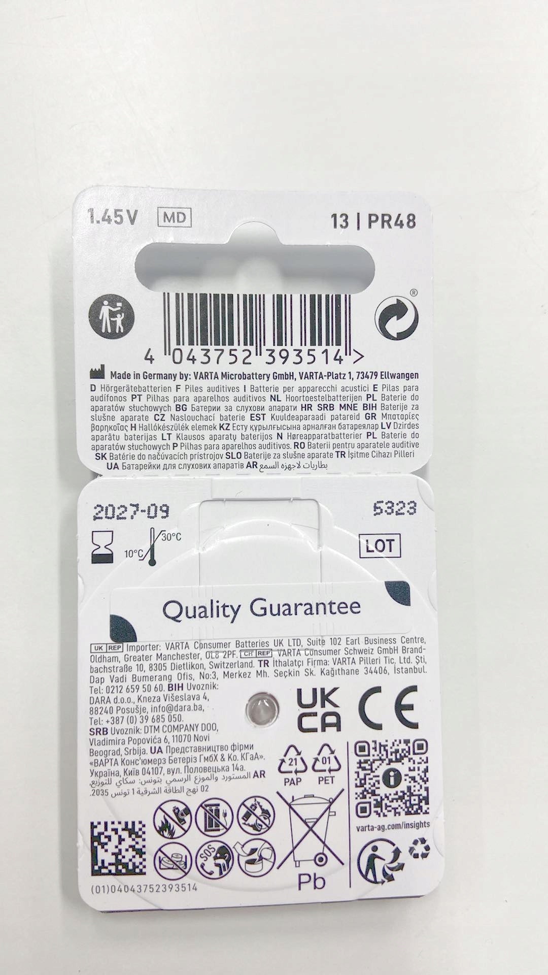 Hearing Aid Battery Varta 13 PR48 1.45V 6pcs 56C384 Manufacturer code 13