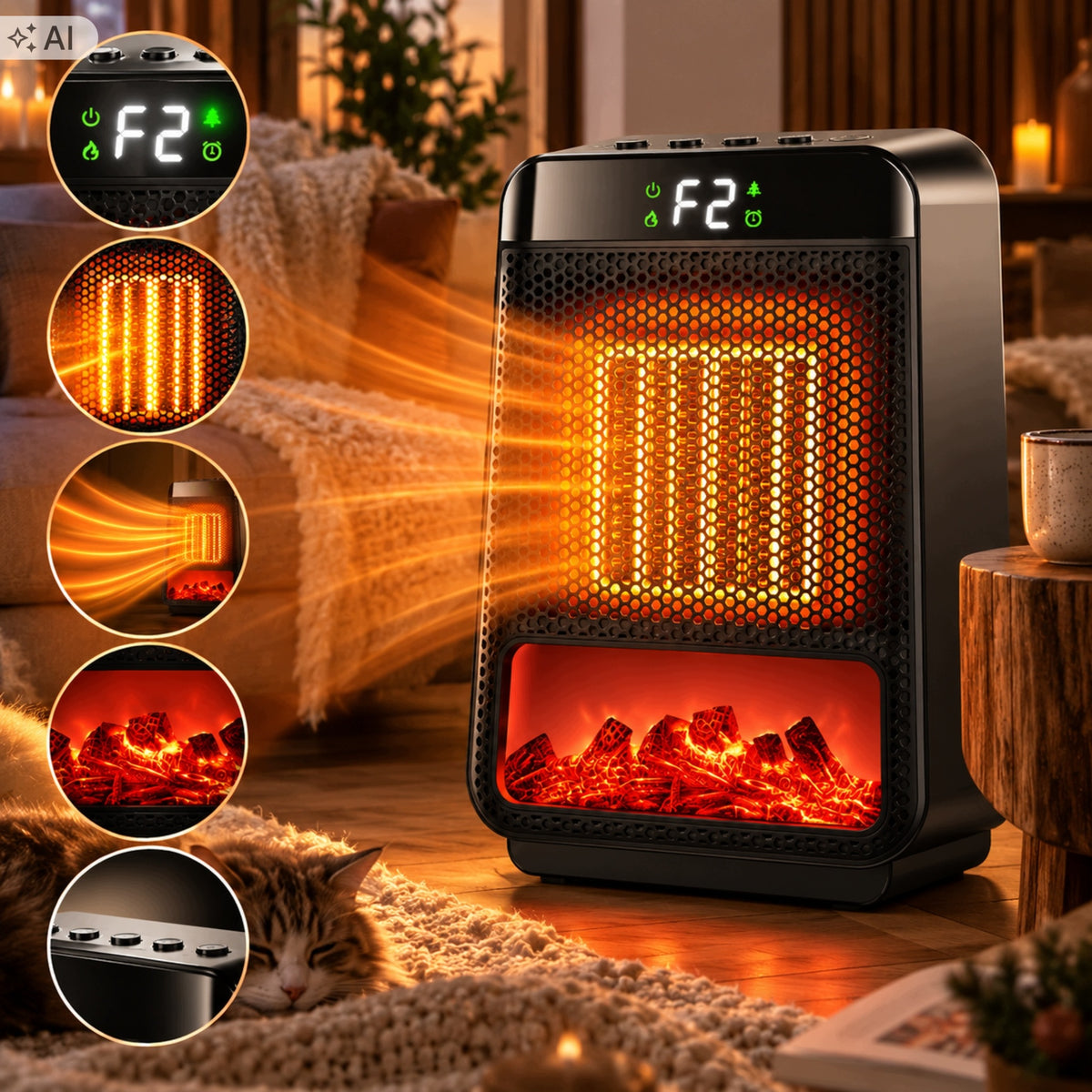 Heat Fan Electric Heater Portable Flame Effect 1000W Timer Packaging status original