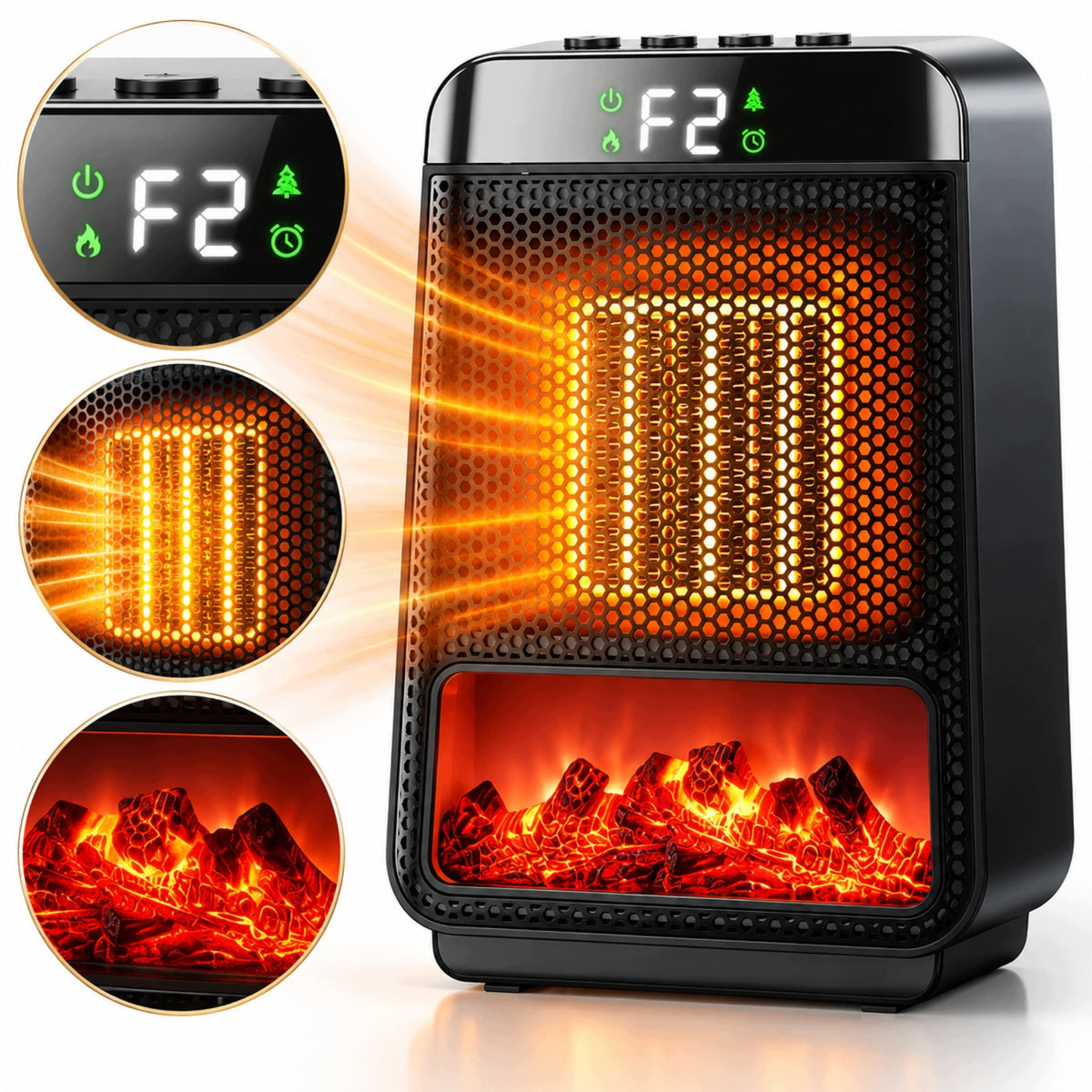 Heat Fan Electric Heater Portable Flame Effect 1000W Timer