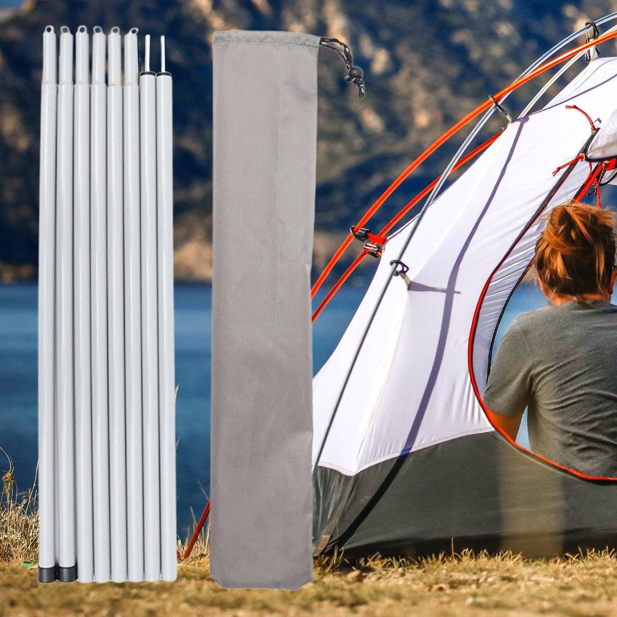 Heavy Duty Adjustable Tarp Poles Detachable Awning Rods Tent Gray White